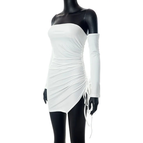 Sexy Off Shoulder Long Sleeve Pleated Tight Fit Dress for Women Party Club Evening